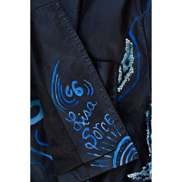 Vintage brown lambskin jacket; Hand painted, blue abstract unique hearts fringe - Picture 7 of 16